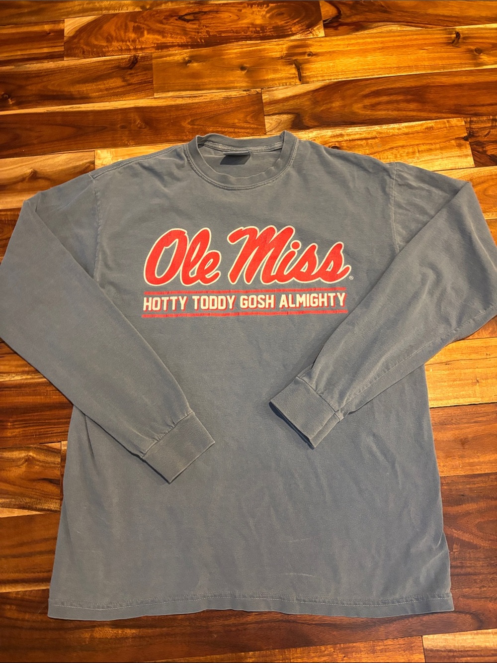Comfort Colors Slate Blue Ole Miss Long Sleeve Tee with Red Logo